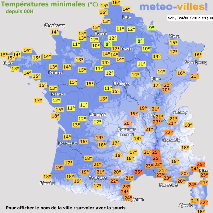 Températures minimales (°C) depuis 00h