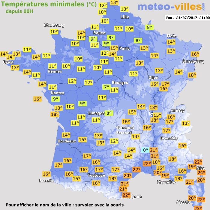Températures minimales (°C) depuis 00h