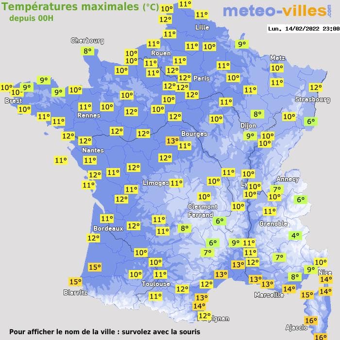 Températures maximales (°C) depuis 00h