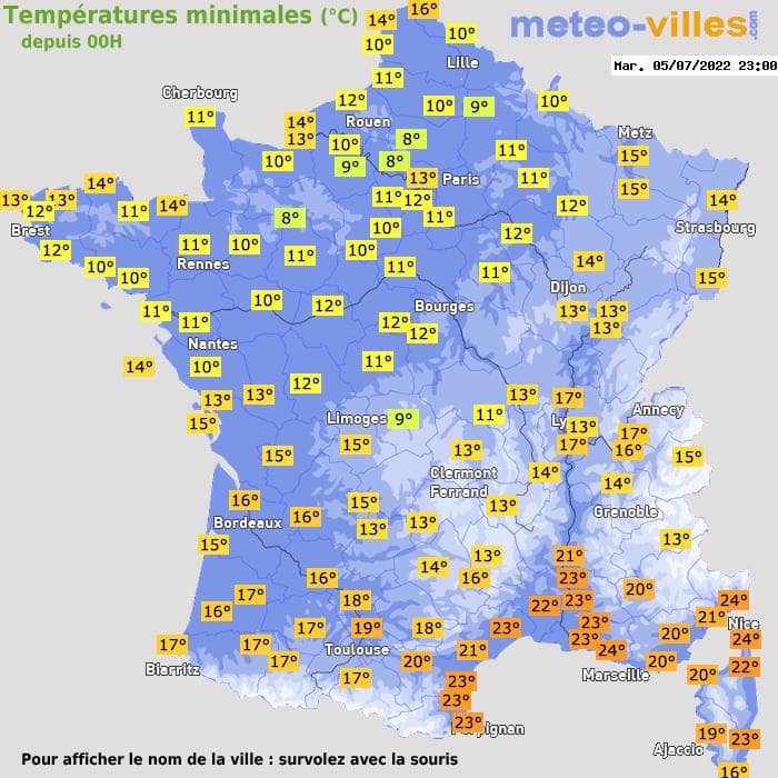 Températures minimales (°C) depuis 00h
