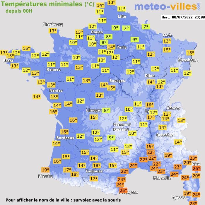 Températures minimales (°C) depuis 00h