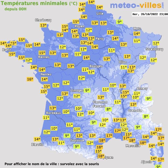 Températures minimales (°C) depuis 00h