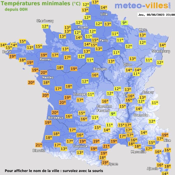 Températures minimales (°C) depuis 00h