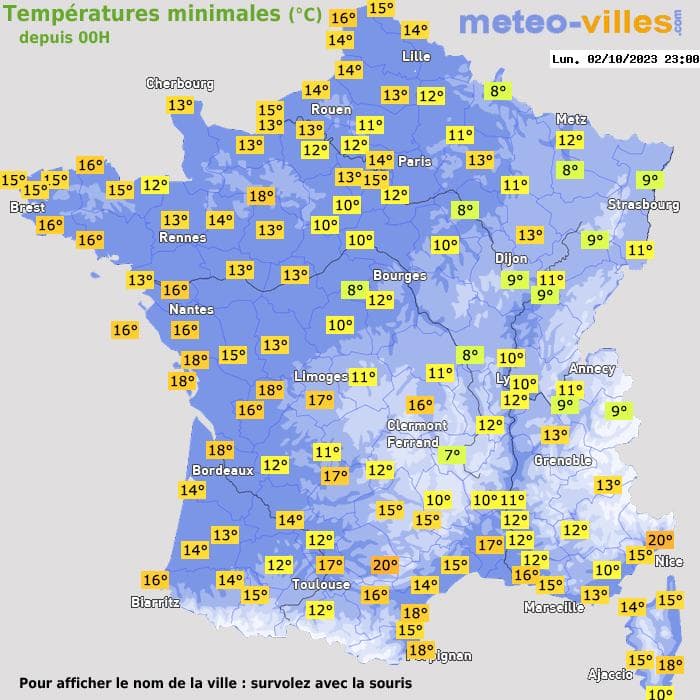 Températures minimales (°C) depuis 00h