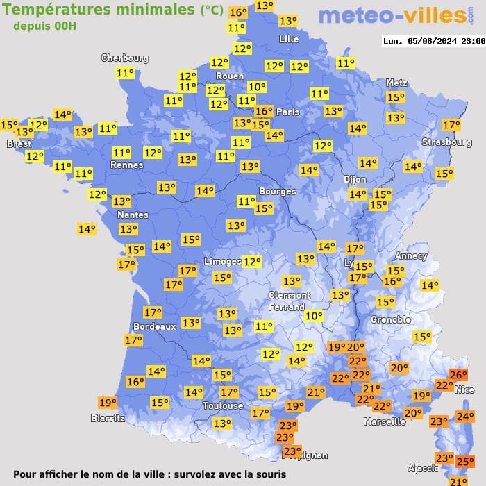 Températures minimales (°C) depuis 00h
