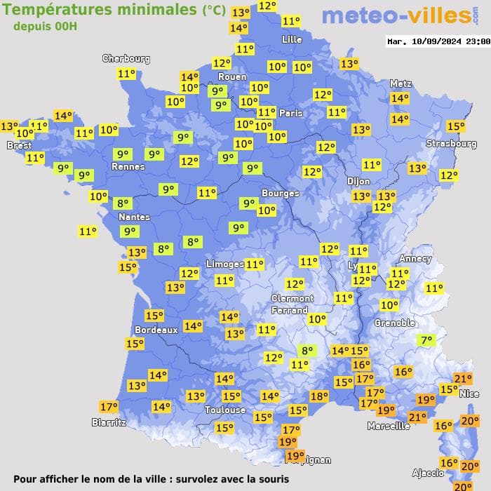 Températures minimales (°C) depuis 00h