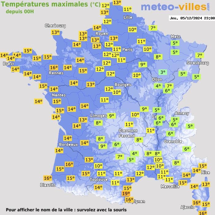 Températures maximales (°C) depuis 00h