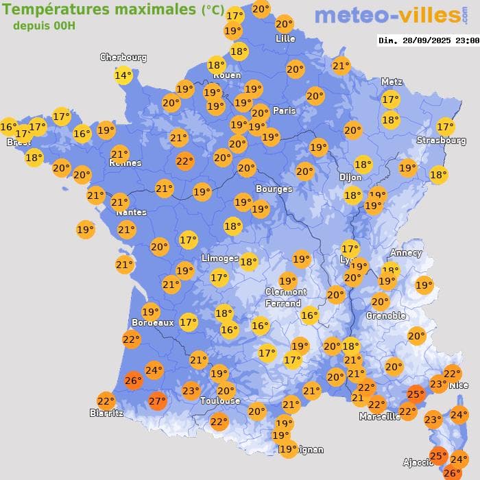 Températures maximales (°C) depuis 00h