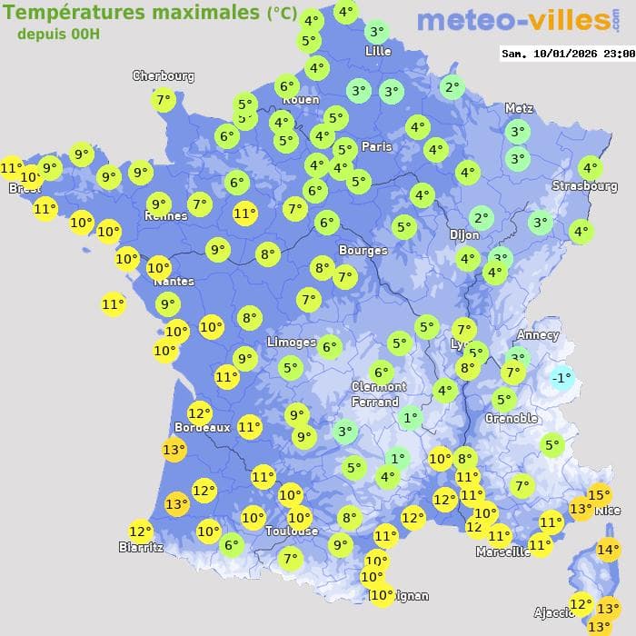 Températures maximales (°C) depuis 00h