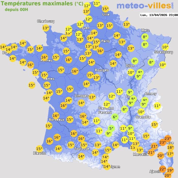 Températures maximales (°C) depuis 00h