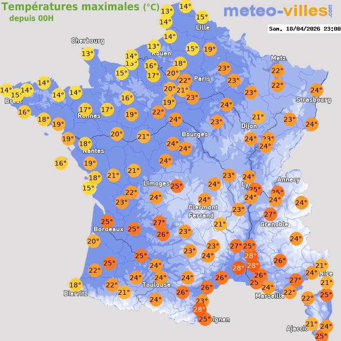 Températures maximales (°C) depuis 00h