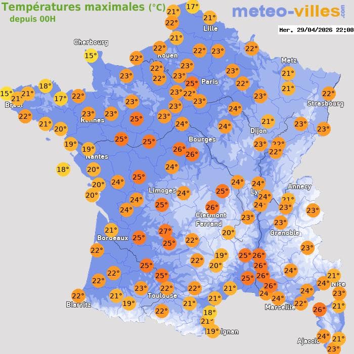 Températures maximales (°C) depuis 00h