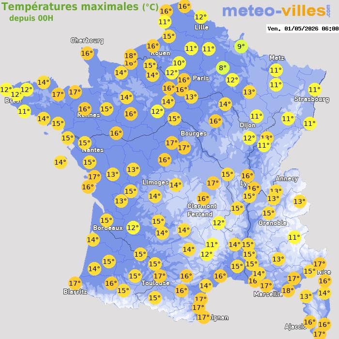 Températures maximales (°C) depuis 00h