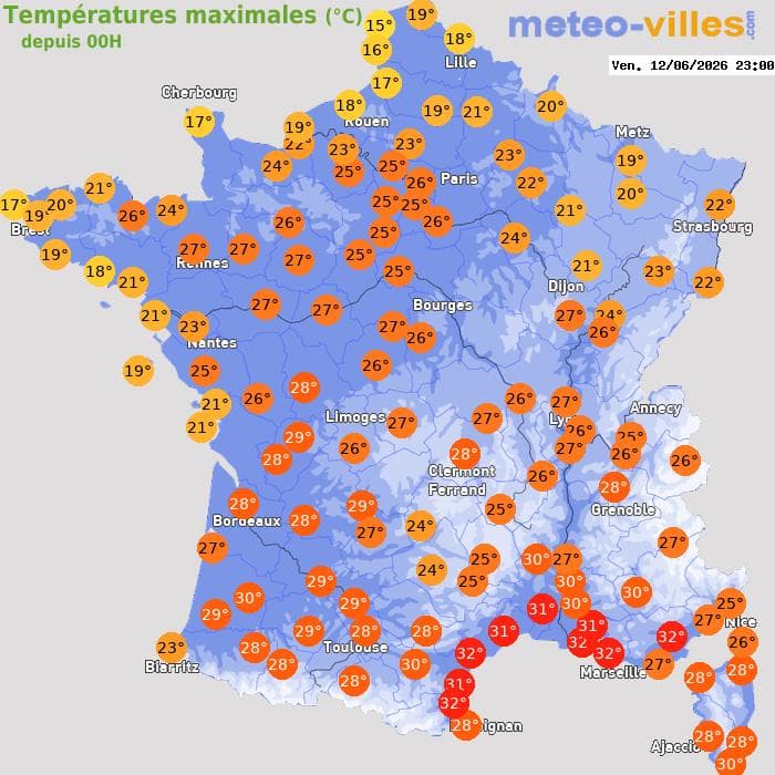 Températures maximales (°C) depuis 00h