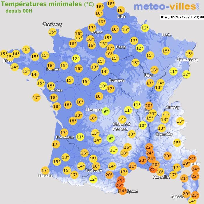 Températures minimales (°C) depuis 00h