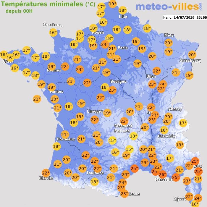 Températures minimales (°C) depuis 00h