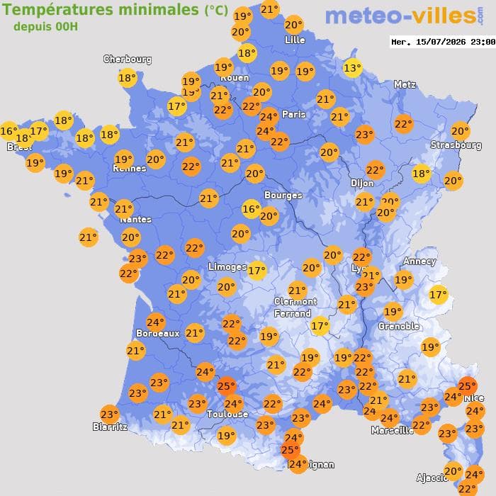Températures minimales (°C) depuis 00h