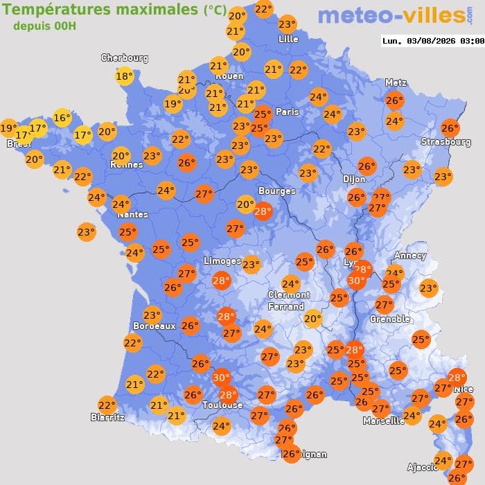 Températures maximales (°C) depuis 00h