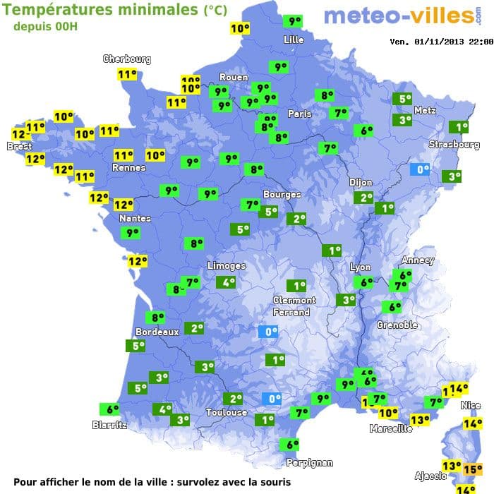 Températures minimales (°C) depuis 00h