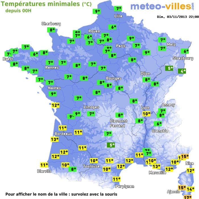 Températures minimales (°C) depuis 00h