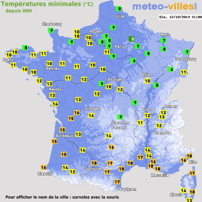 Températures minimales (°C) depuis 00h
