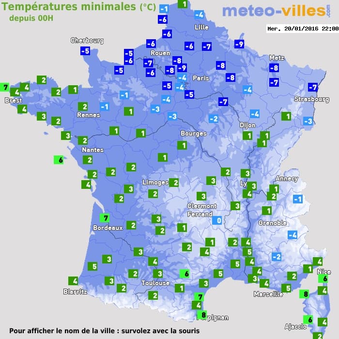 Températures minimales (°C) depuis 00h