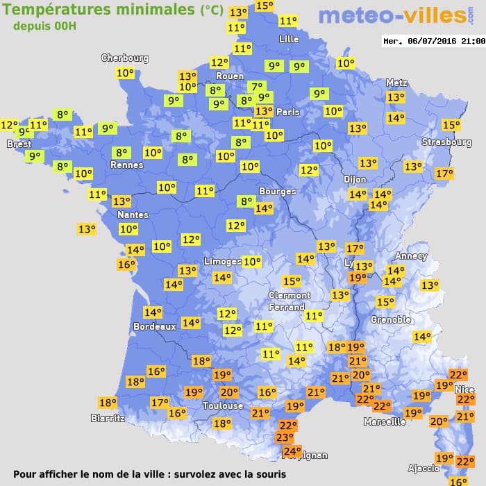 Températures minimales (°C) depuis 00h