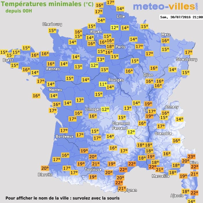 Températures minimales (°C) depuis 00h