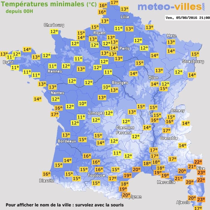 Températures minimales (°C) depuis 00h