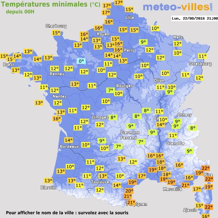 Températures minimales (°C) depuis 00h