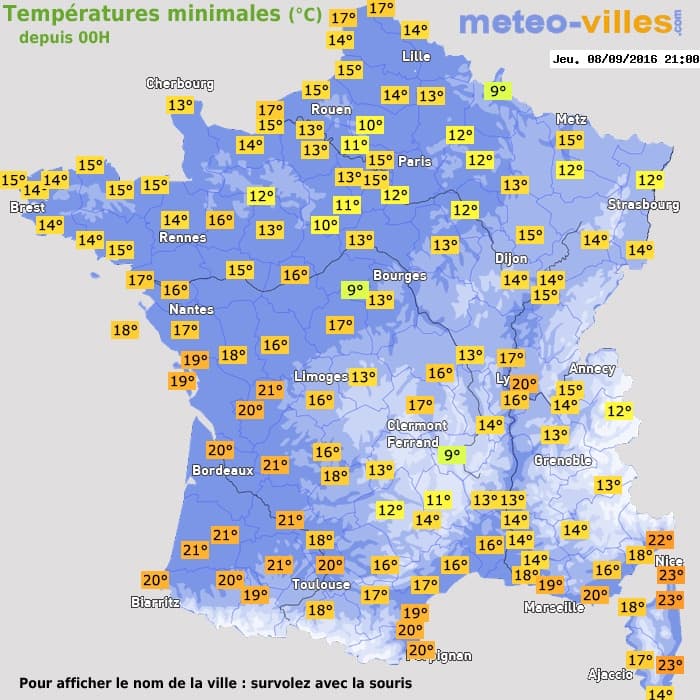 Températures minimales (°C) depuis 00h