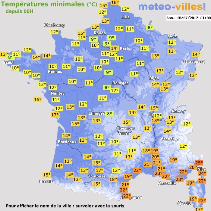 Températures minimales (°C) depuis 00h