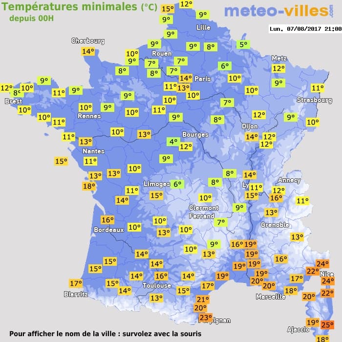 Températures minimales (°C) depuis 00h