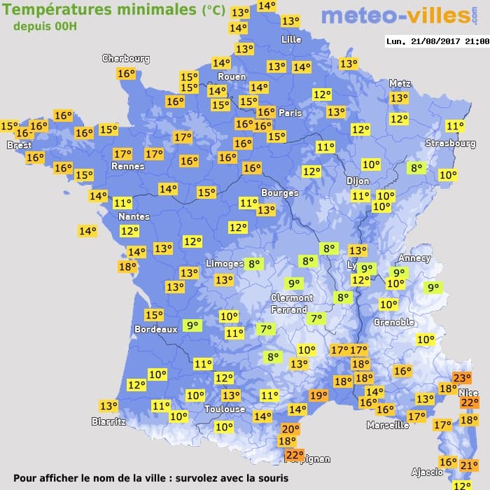 Températures minimales (°C) depuis 00h