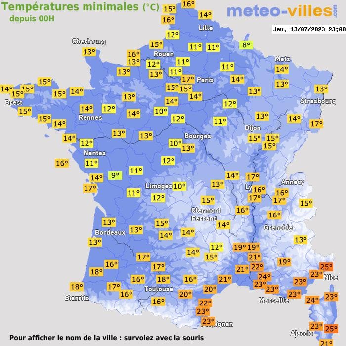 Températures minimales (°C) depuis 00h